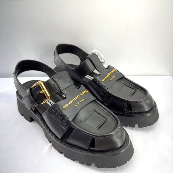 Alexander Wang Carter Cage Sandals Logo Black Leather Chunky Heel Women Size 38 - Picture 4 of 14
